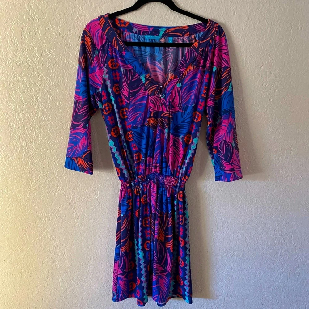 Tori Richard Tropical Print Mini Sundress Size S Blue Pink Stretch Summer Beach
